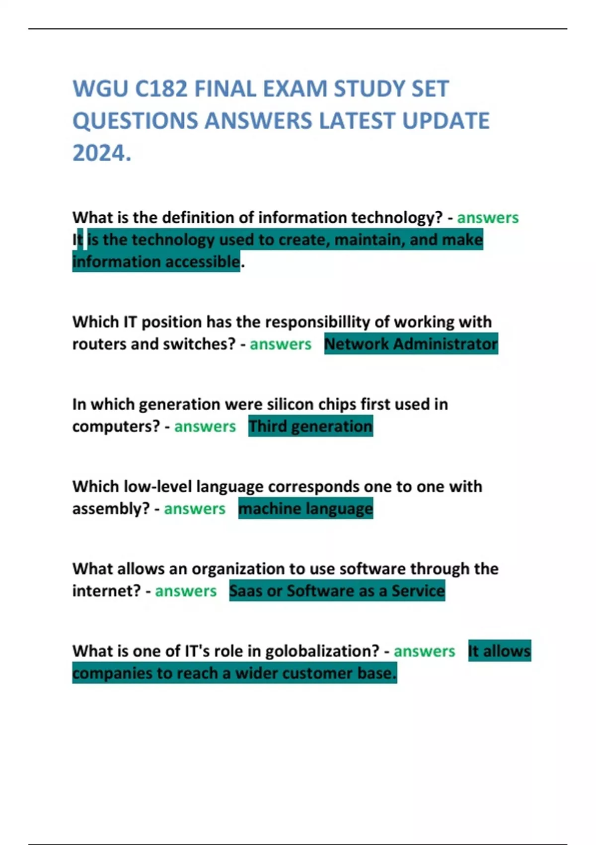WGU C182 FINAL EXAM STUDY SET QUESTIONS ANSWERS LATEST UPDATE 2024 ...