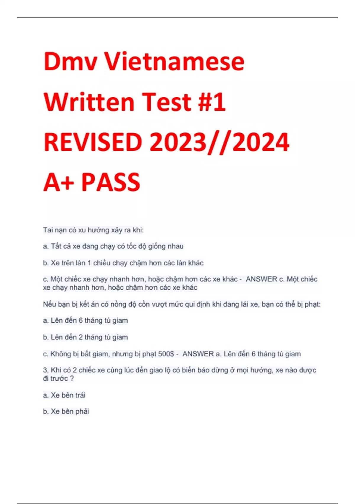 Dmv Vietnamese Written Test #1 REVISED 2023//2024 A+ PASS - Dmv V ...