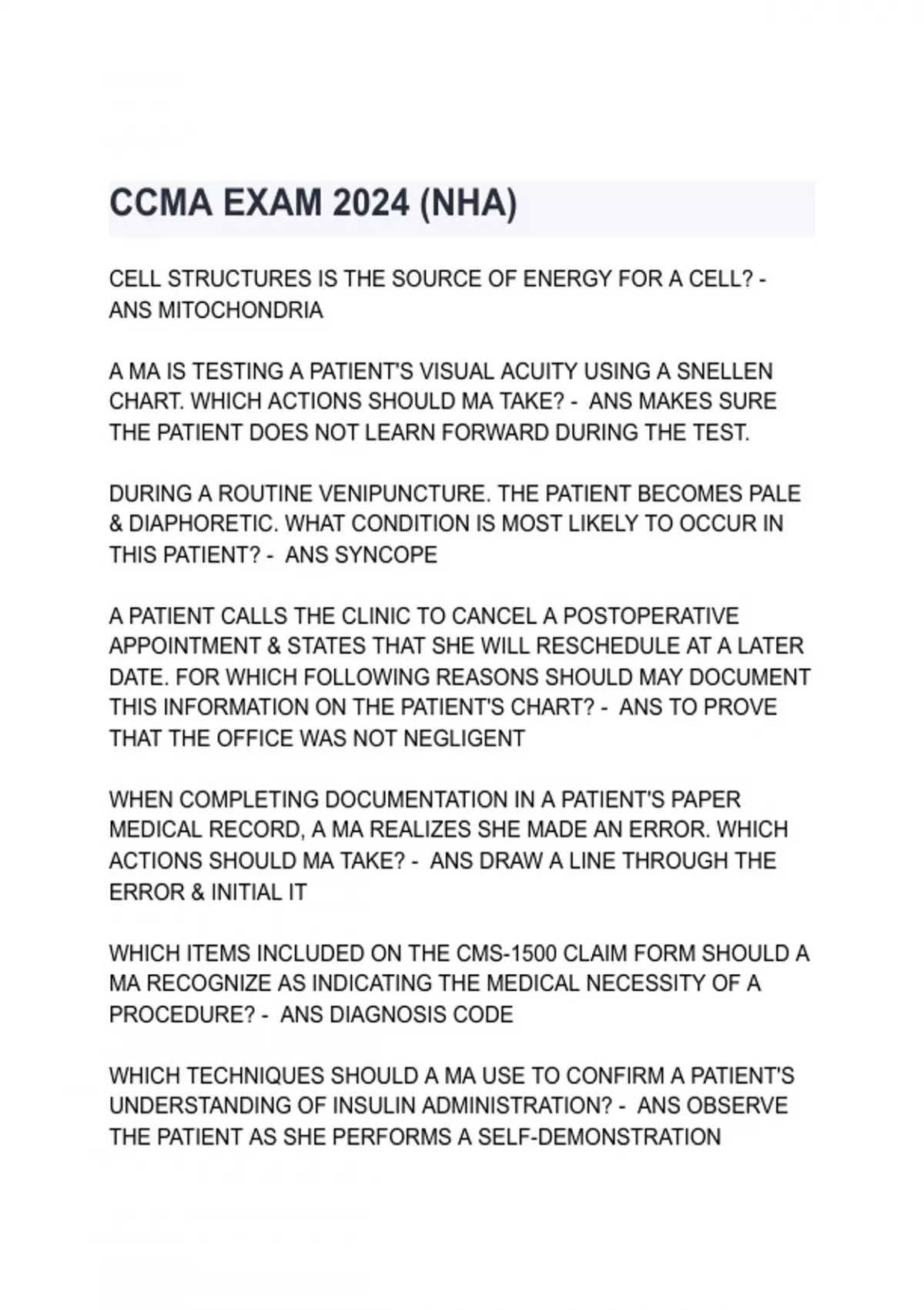 CCMA EXAM 2025 (NHA) Questions with correct Answers Latest 2025/2025