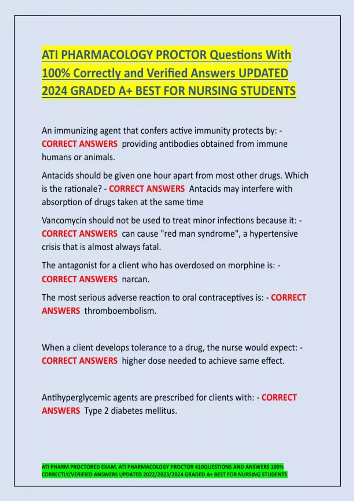 ATI PHARMACOLOGY PROCTOR Questions With 100% Correctly And Verified ...