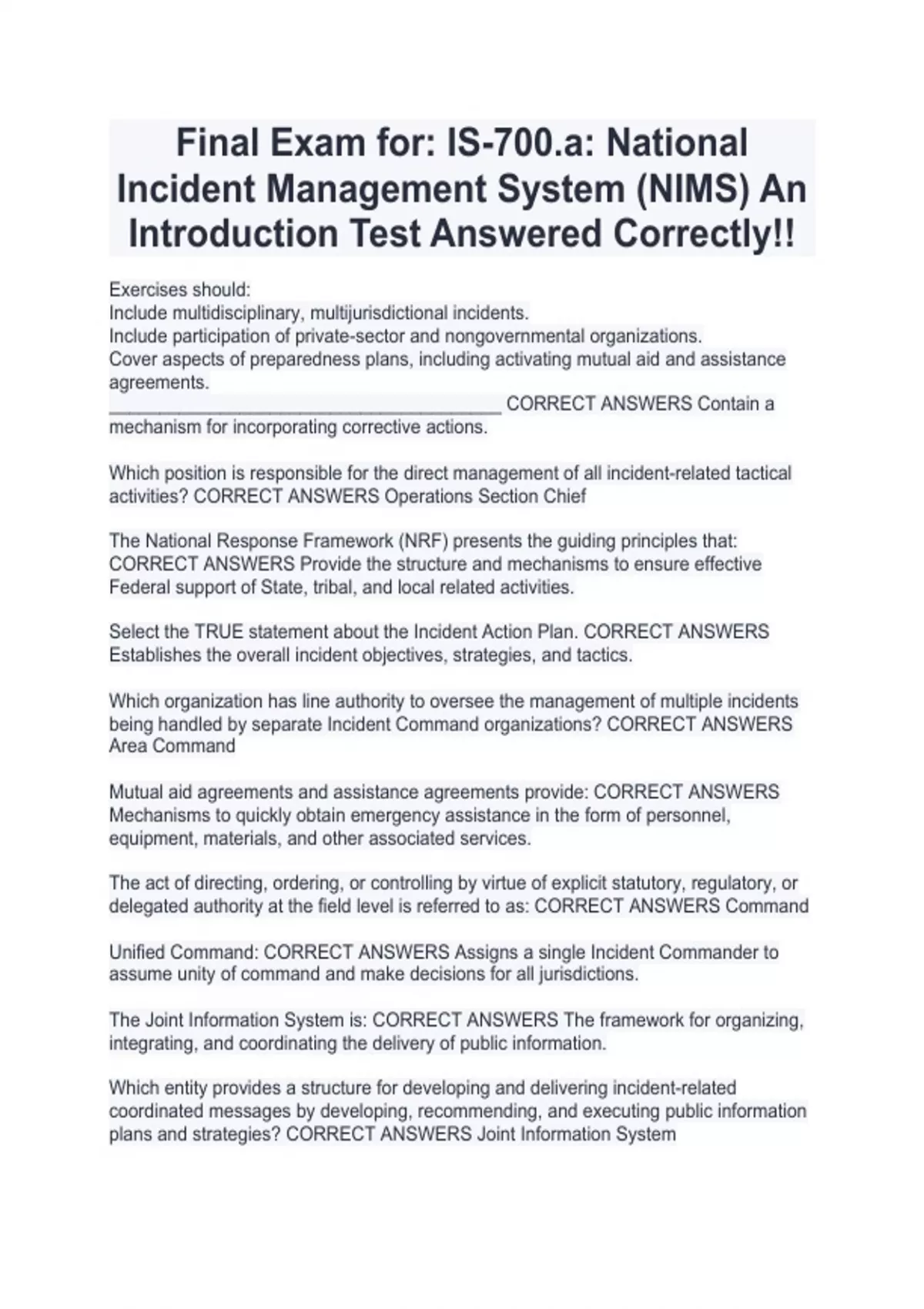 Final Exam for IS700.a National Incident Management System (NIMS) An