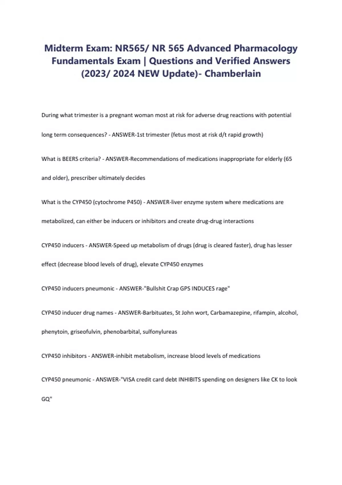 Midterm Exam: NR565/ NR 565 Advanced Pharmacology Fundamentals Exam ...