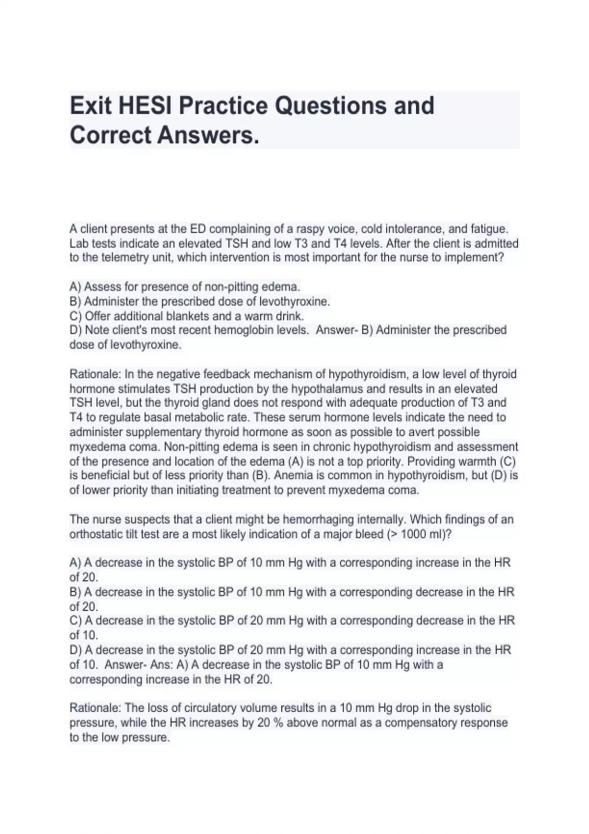 Exit HESI Practice Questions and Correct Answers - Hesi exit - Stuvia US