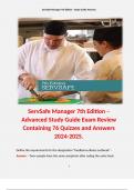 ServSafe Manager 7th Edition – Advanced Study Guide Exam Review Containing 76 Quizzes and Answers 2024-2025.