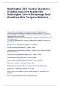 Washington DMV Practice Questions (Practice questions to pass the Washington Driver's Knowledge Test) Questions With Complete Solutions.