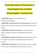 Texas State Board of 2025 Examiners of Psychologists Act and Rules (Psychologists' Licensing Act) Questions and Verified Answers (2025 / 2026) A+ GRADE