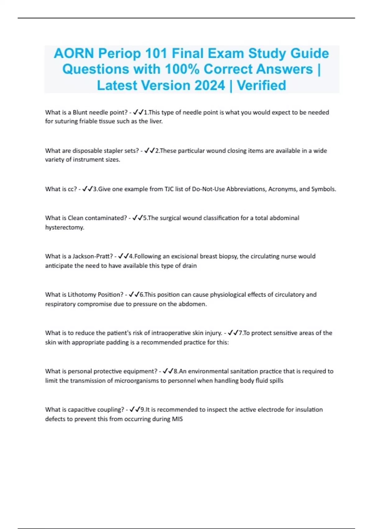 AORN Periop 101 Final Exam Study Guide Questions with 100 Correct