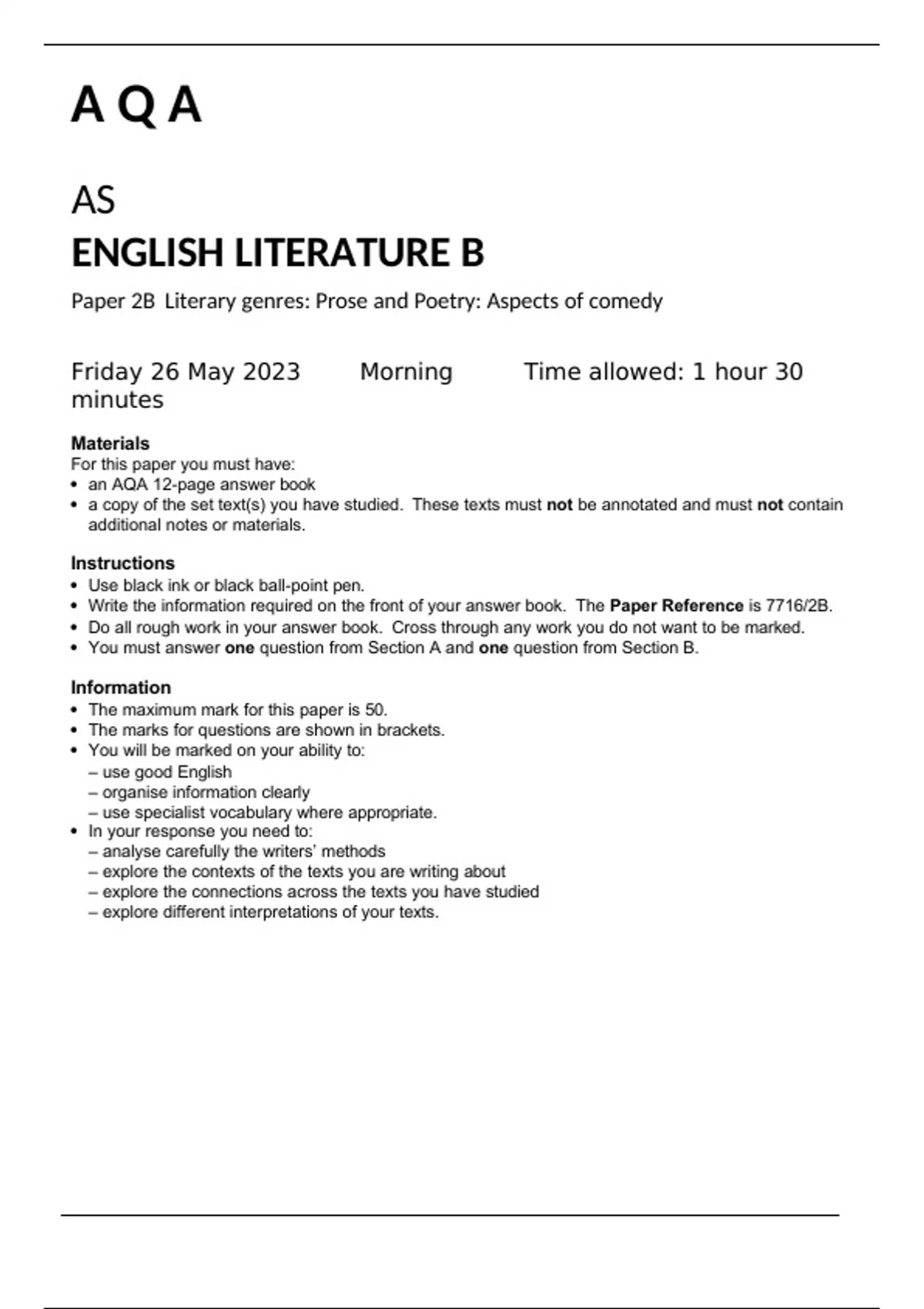 A Q A AS ENGLISH LITERATURE B Paper 2B Literary Genres: Prose And ...