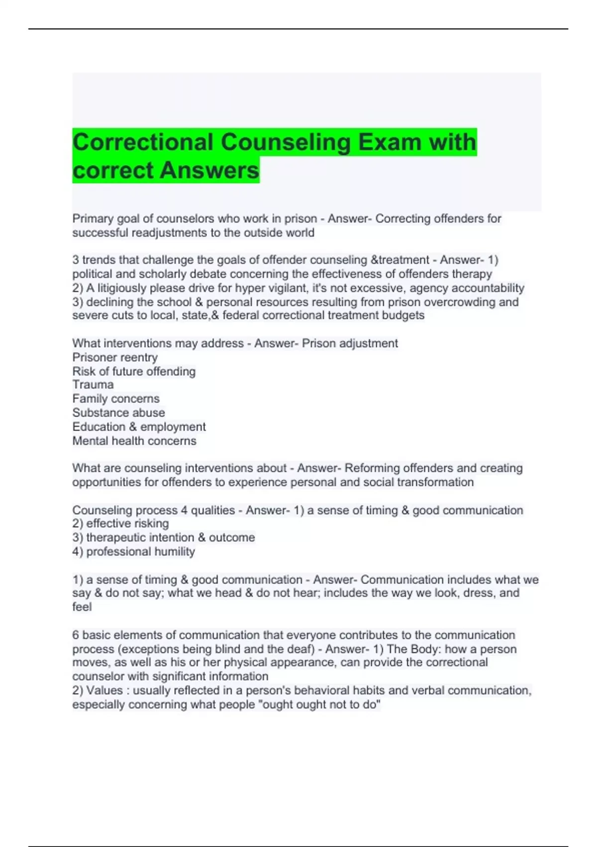 Correctional Counseling Exam with correct Answers 100% - Counseling ...