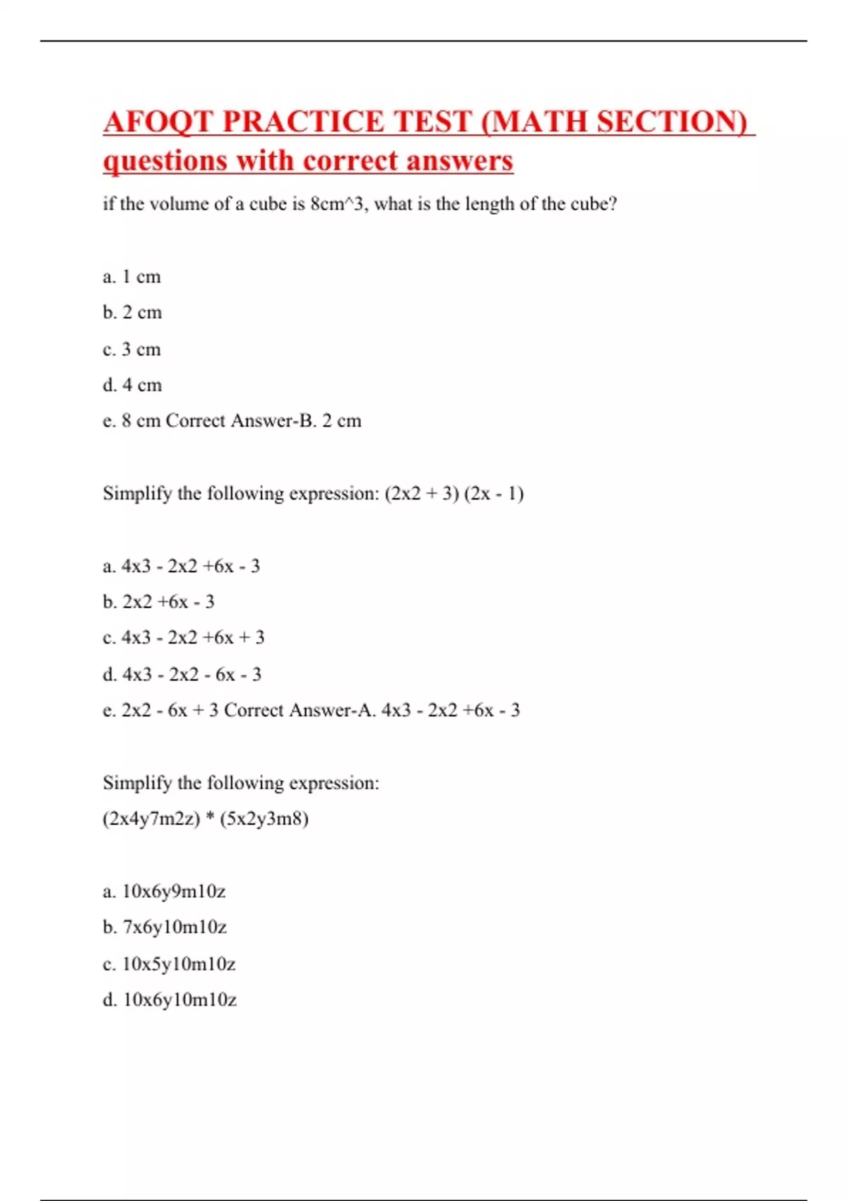 AFOQT PRACTICE TEST (MATH SECTION) questions with correct answers| with ...