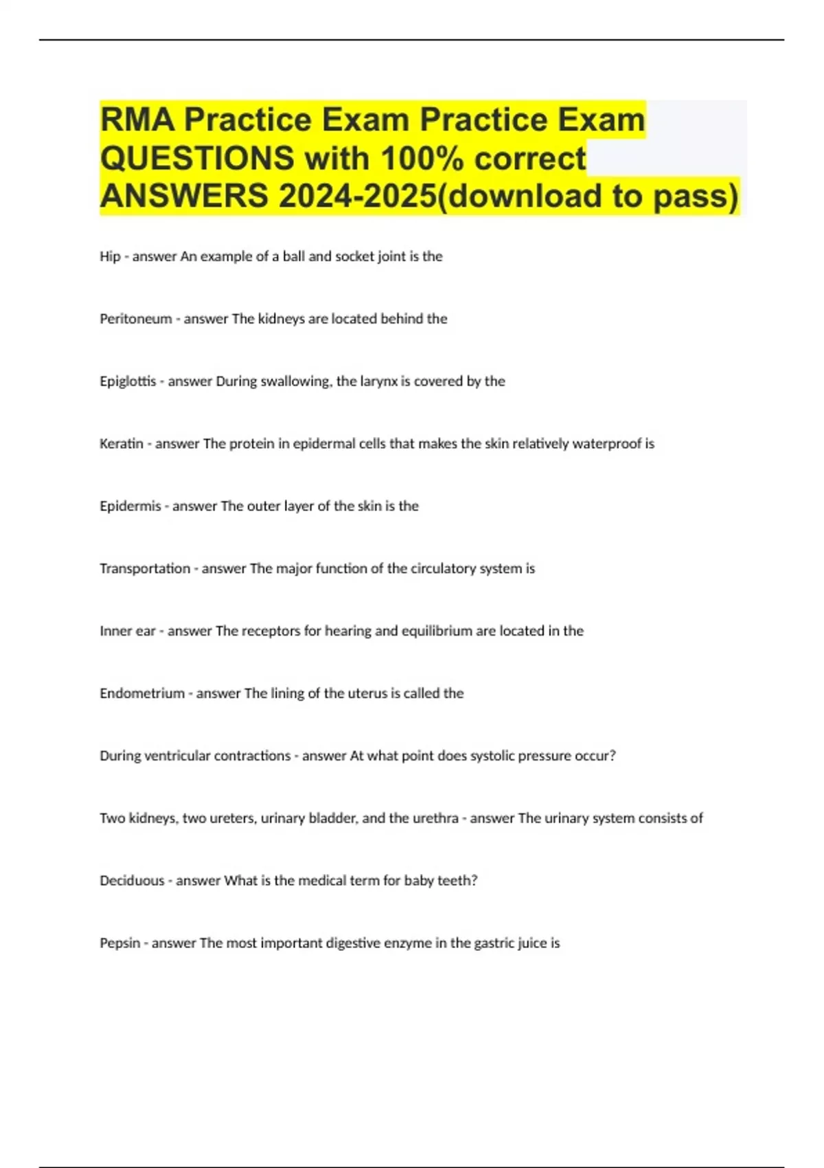 RMA Practice Exam Practice Exam QUESTIONS with 100 correct ANSWERS