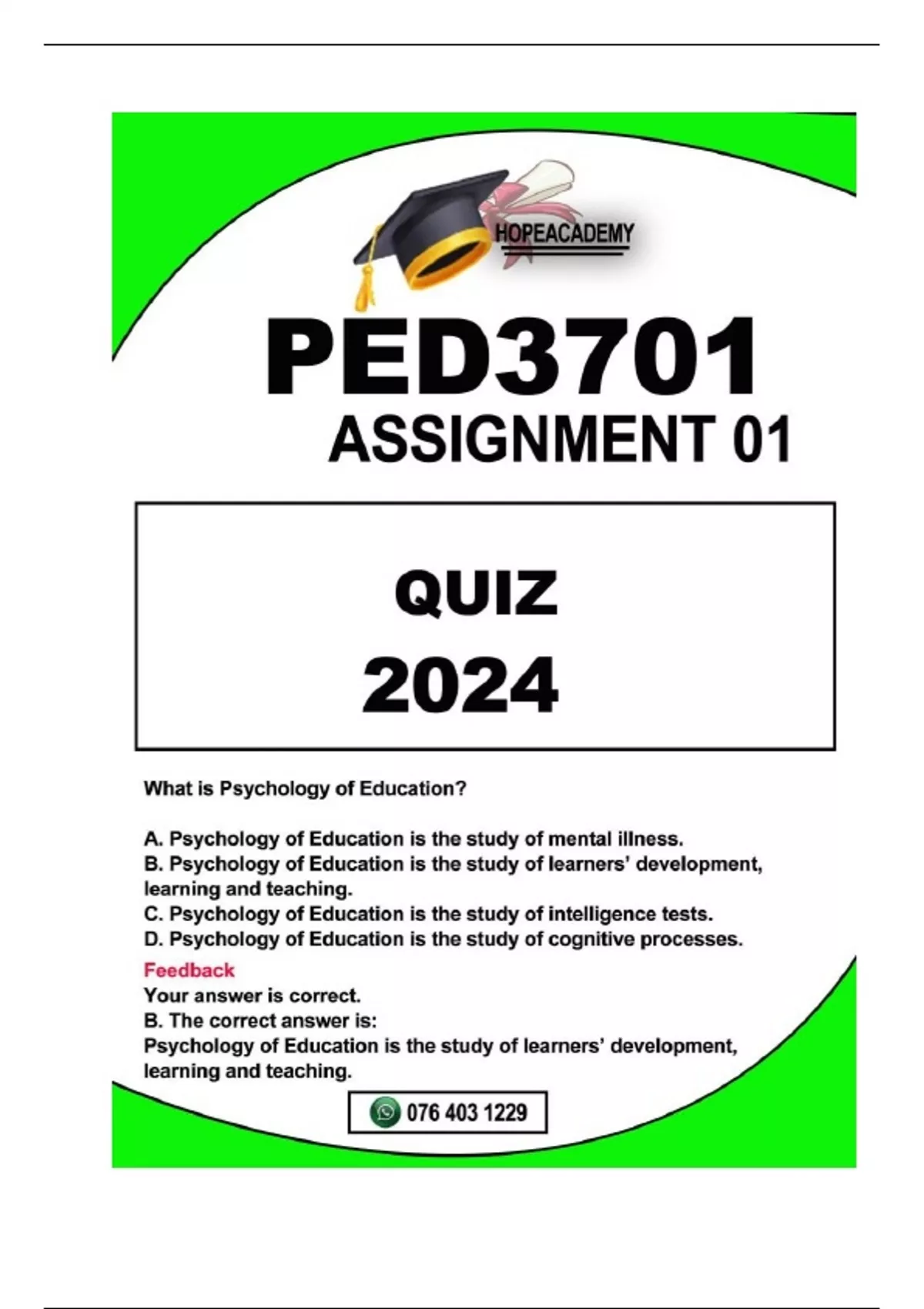 PED3701 ASSIGNMENT 1 -QUIZ 2024 ALL QUESTIONS WELL ANSWERED -100%PASS ...