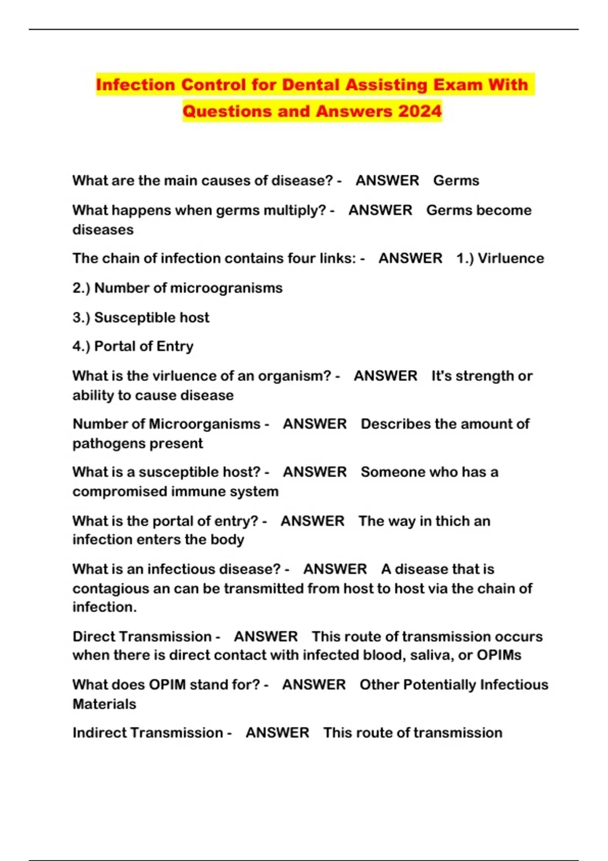 Infection Control for Dental Assisting Exam With Questions and Answers