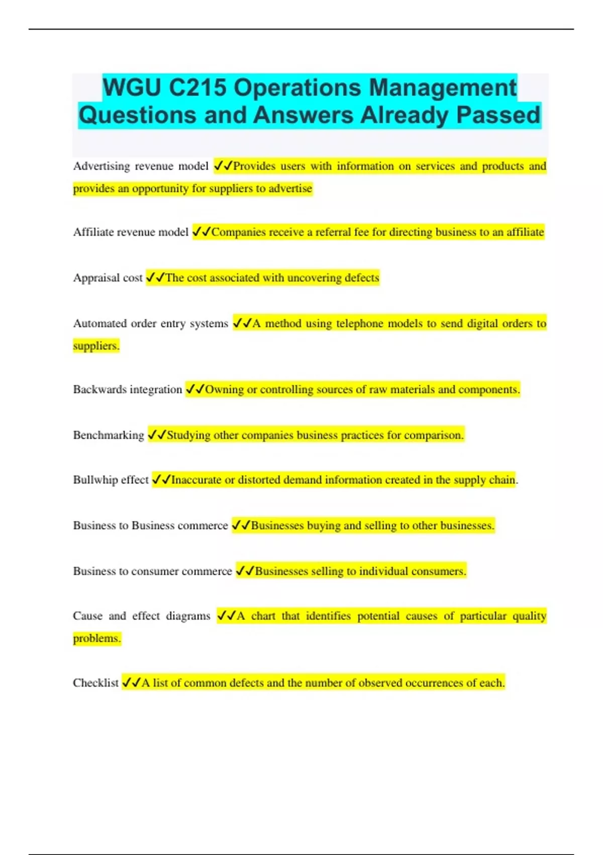 WGU C215 Operations Management Questions And Answers Already Passed ...