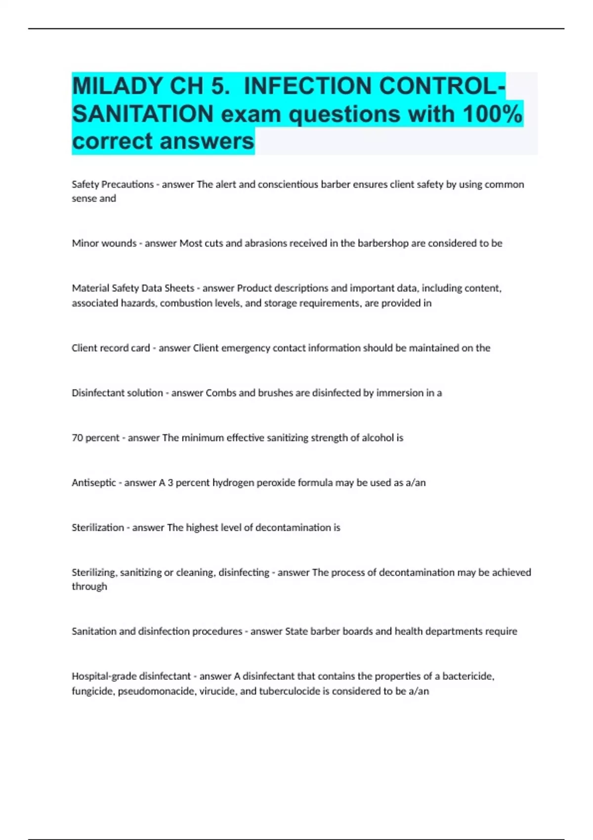 MILADY CH 5. / INFECTION CONTROLSANITATION exam questions with 100 correct answers Milady