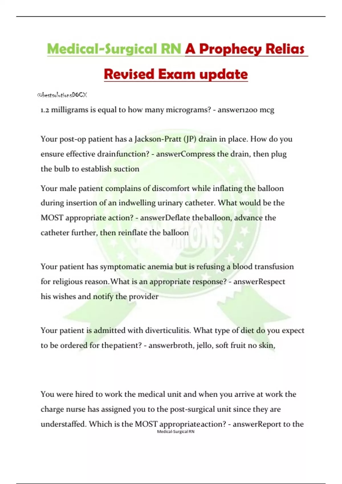 Medical-surgical Rn A Prophecy Relias Revised Exam Update - Portage 