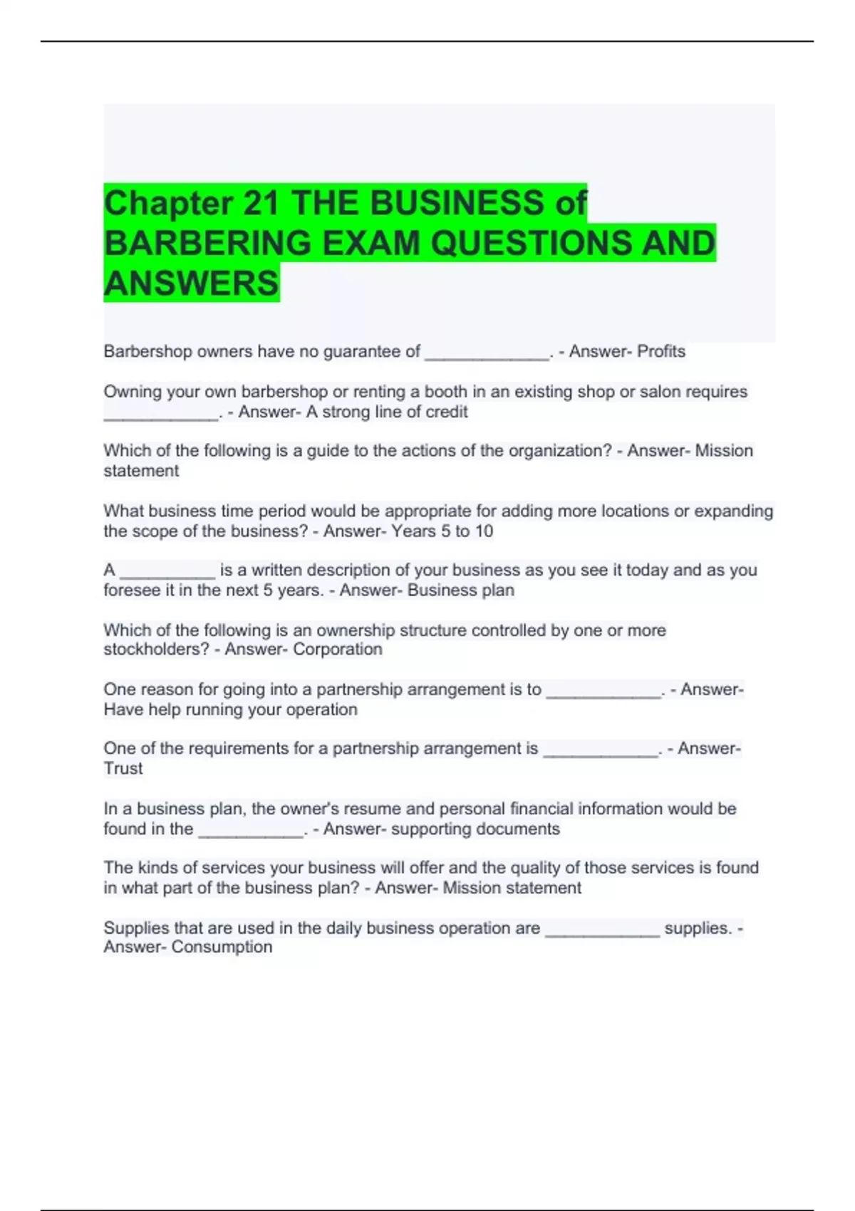 Chapter 21 THE BUSINESS of BARBERING EXAM QUESTIONS AND ANSWERS