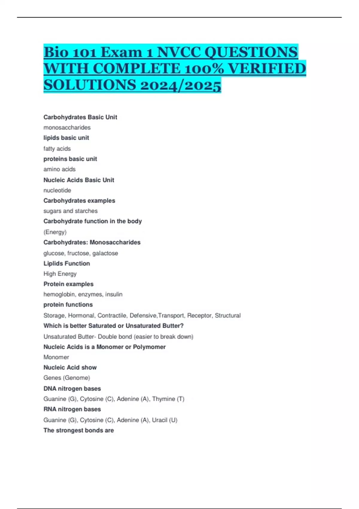 Bio 101 Exam 1 NVCC QUESTIONS WITH COMPLETE 100 VERIFIED SOLUTIONS