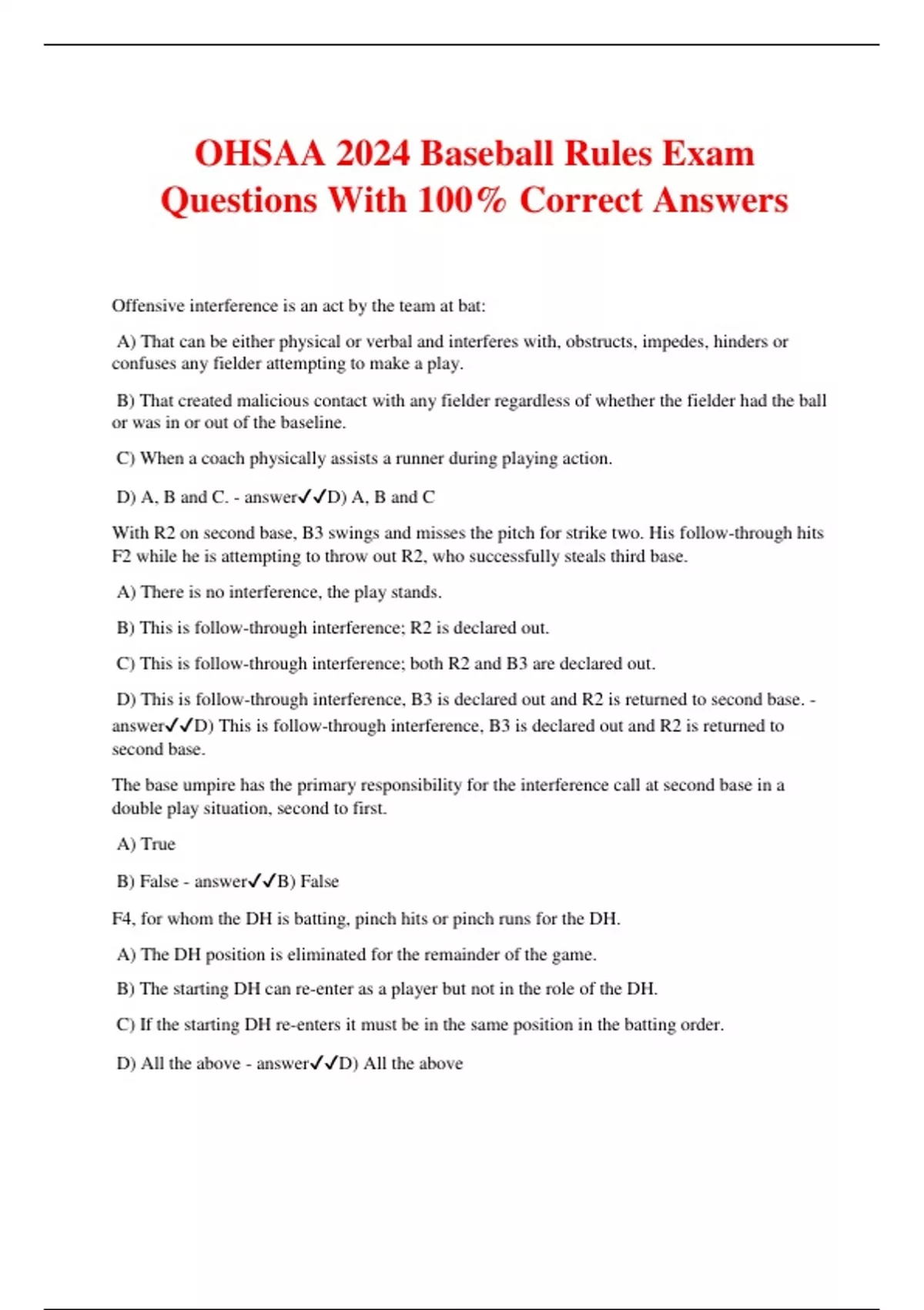 OHSAA 2024 Baseball Rules Exam Questions With 100 Correct Answers