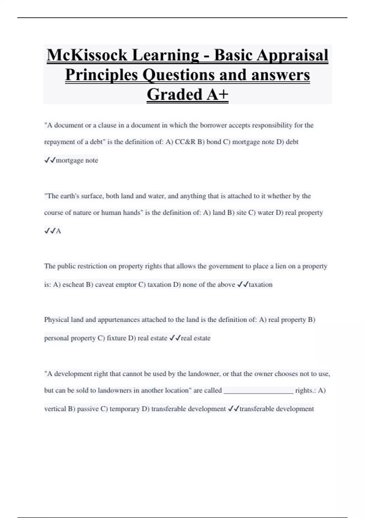 McKissock Learning - Basic Appraisal Principles Questions and answers ...