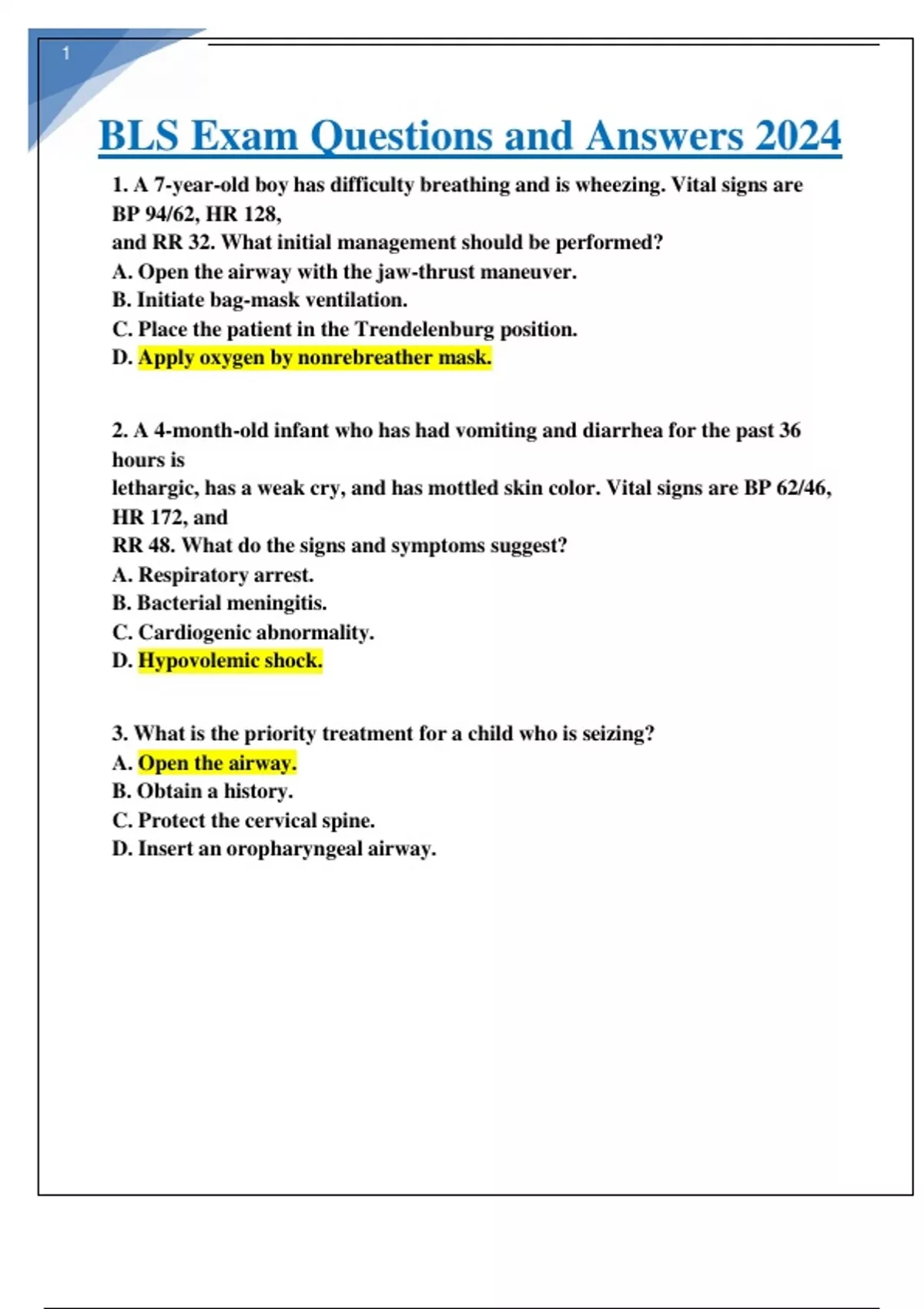 BLS Exam Questions and Answers 2024 Bls Stuvia US