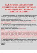 NUR 340 EXAM 2 COMPLETE 180 QUESTIONS AND CORRECT DETAILED ANSWERS (VERIFIED