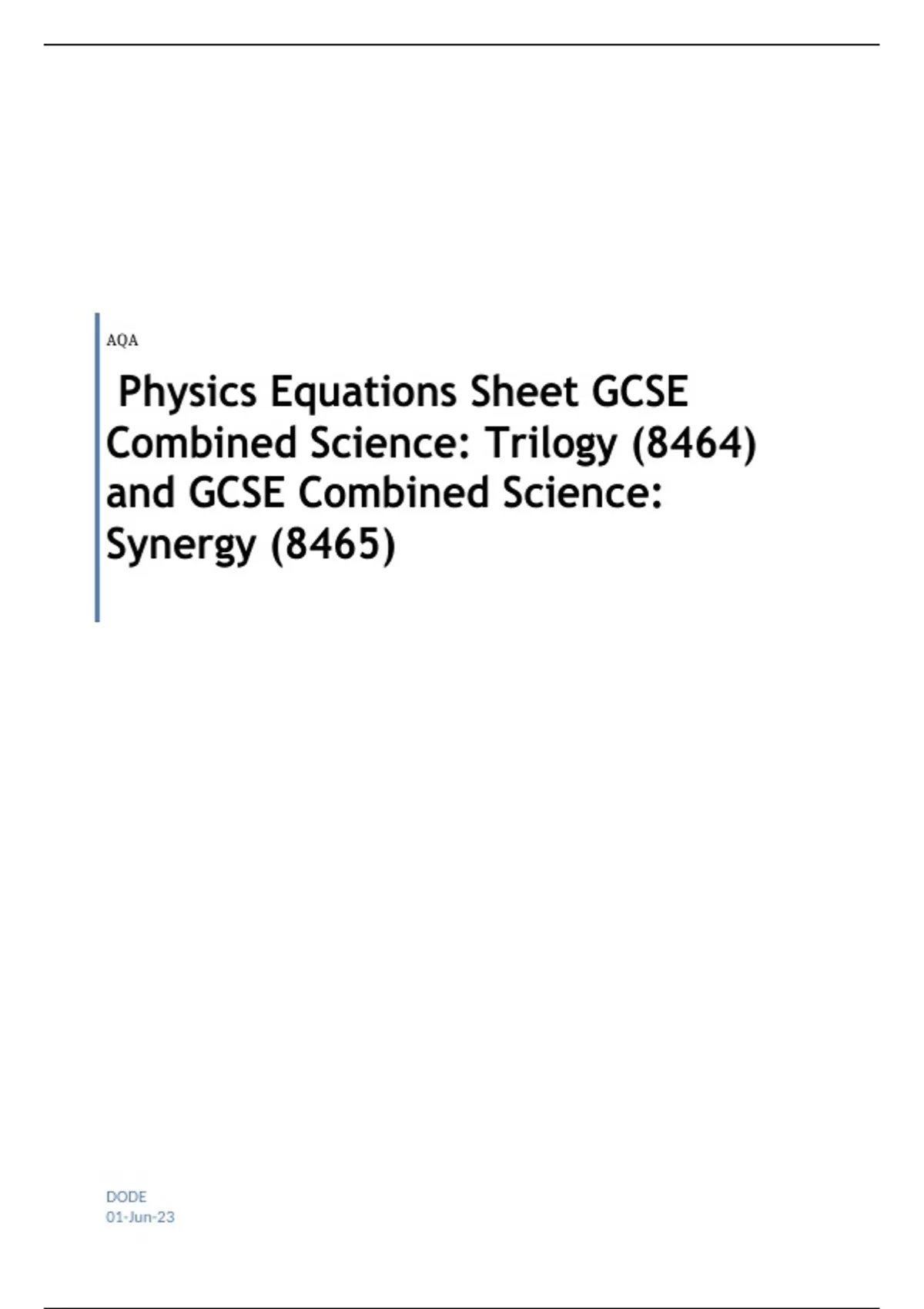 AQA Physics Equations Sheet GCSE Combined Science: Trilogy (8464) and ...