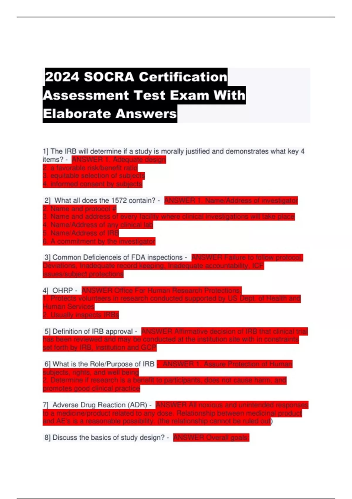 2024 SOCRA Certification Assessment Test Exam With Elaborate Answers ...