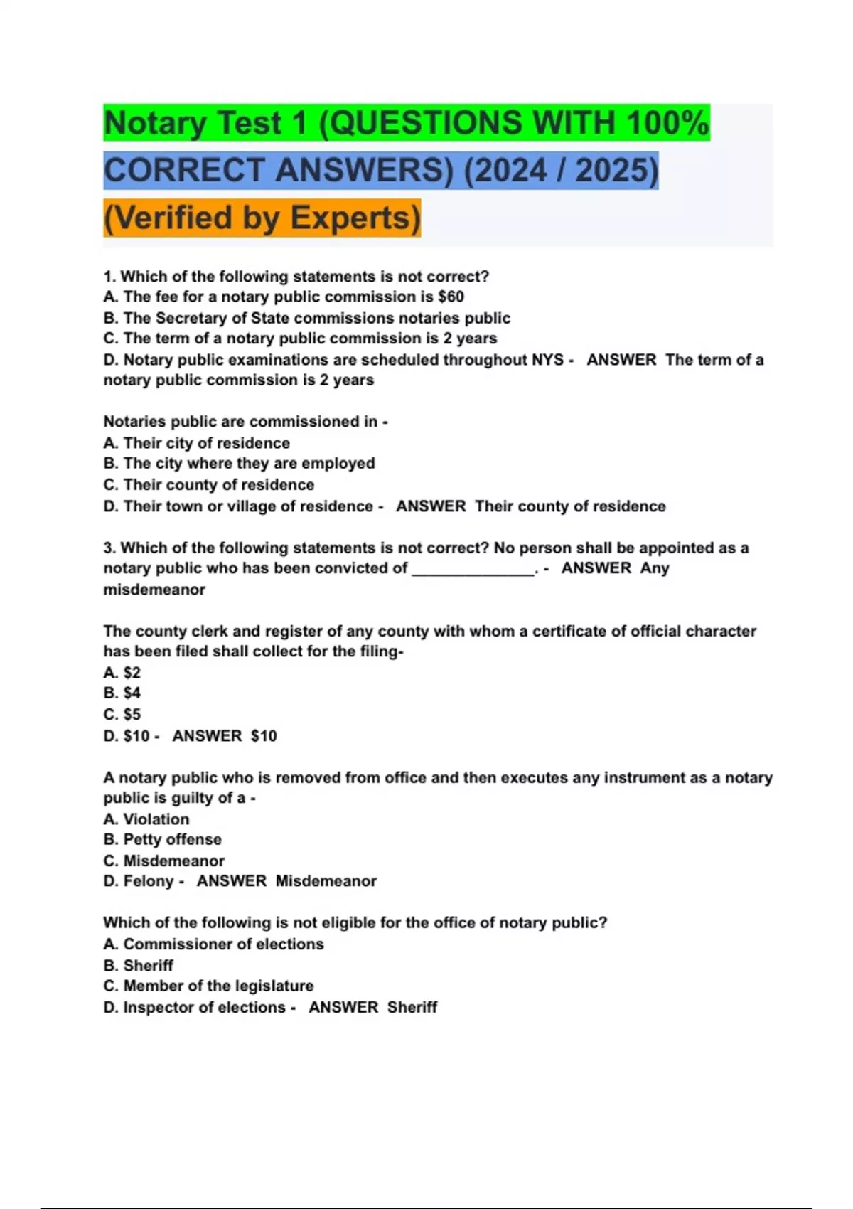 Notary Test 1 (QUESTIONS WITH 100 CORRECT ANSWERS) (2024 / 2025