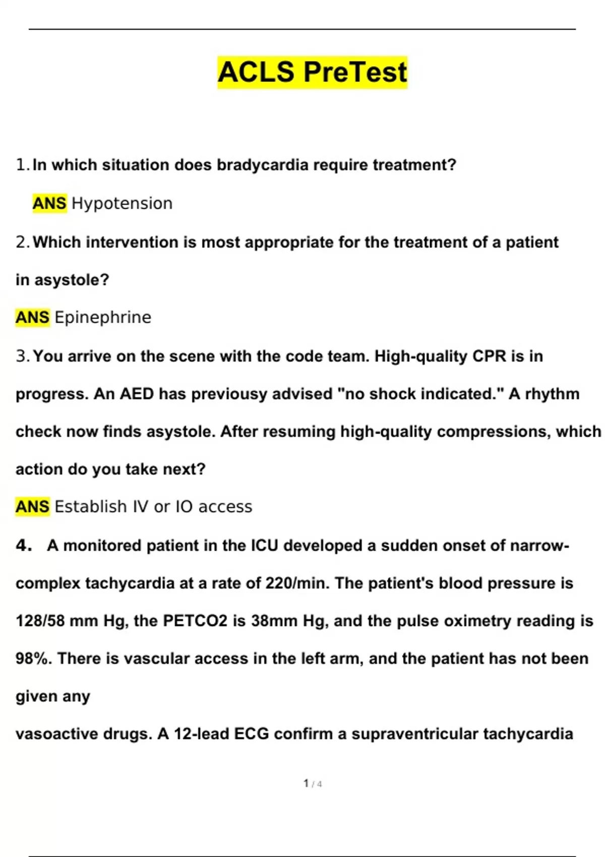 ACLS PreTest Exam Questions and Answers Latest (2024 / 2025) (Verified