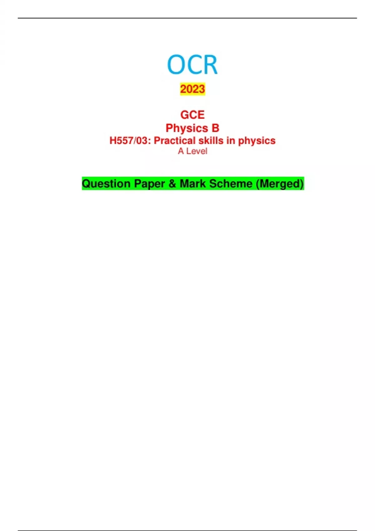 OCR 2023 GCE Physics B H557/03: Practical Skills In Physics A Level ...