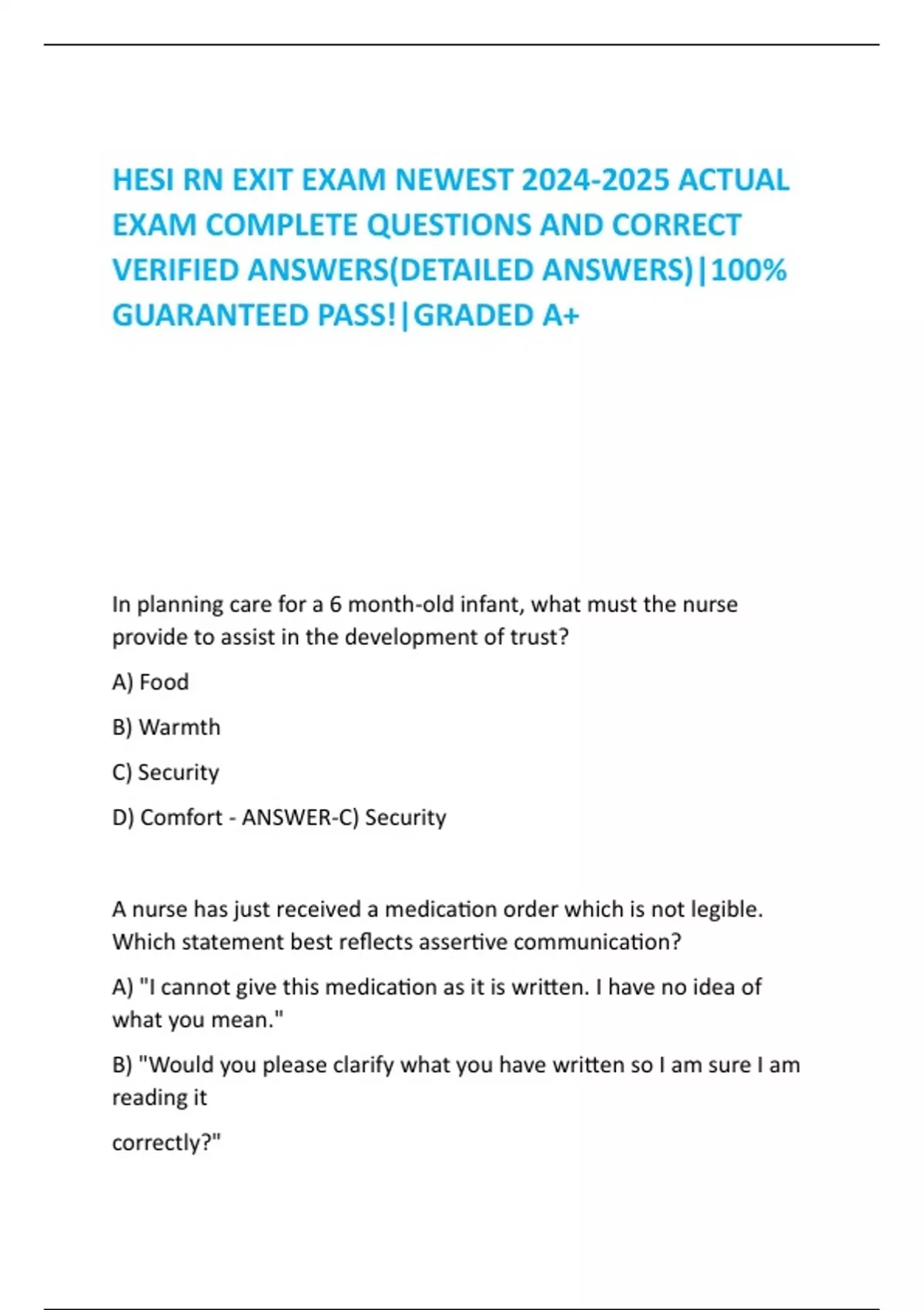 HESI RN EXIT EXAM NEWEST ACTUAL EXAM COMPLETE QUESTIONS AND CORRECT