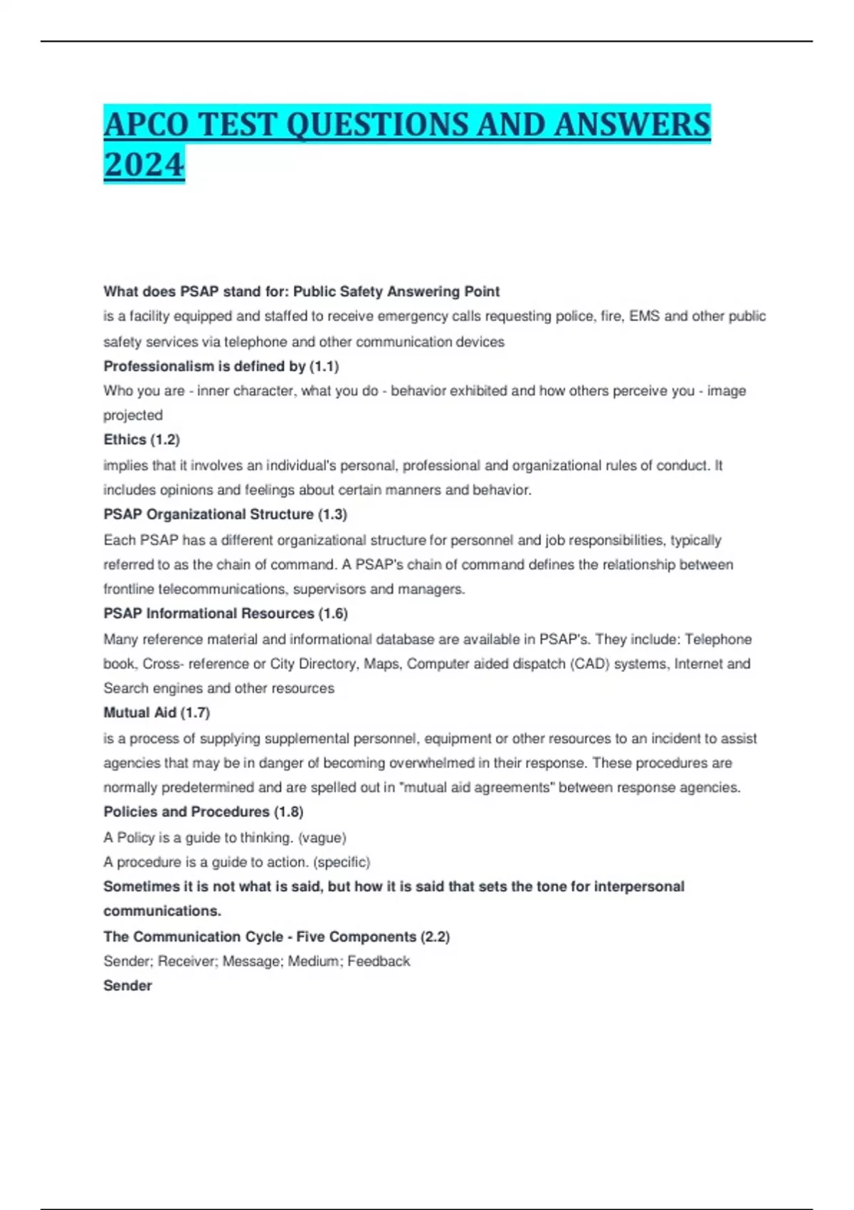 APCO TEST QUESTIONS AND ANSWERS 2024 APCO Stuvia US