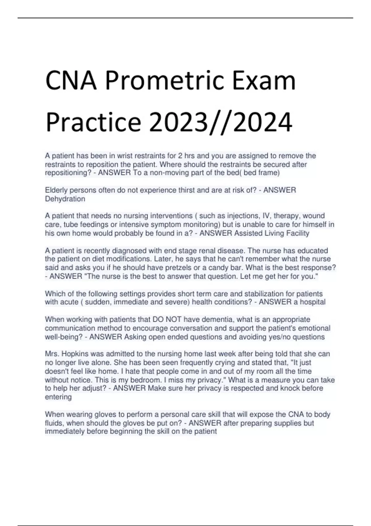 CNA Prometric Exam Practice 2023//2024 - CNA Prometric - Stuvia US