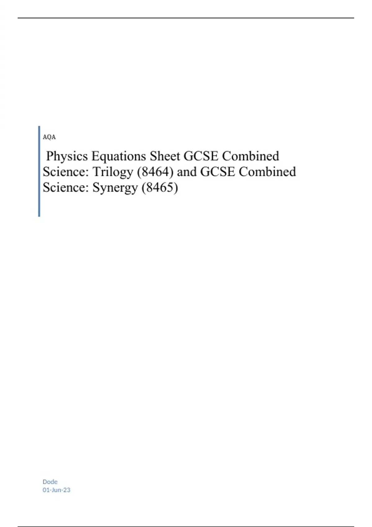 AQA Physics Equations Sheet GCSE Combined Science: INSERT FOR JUNE 2023 ...