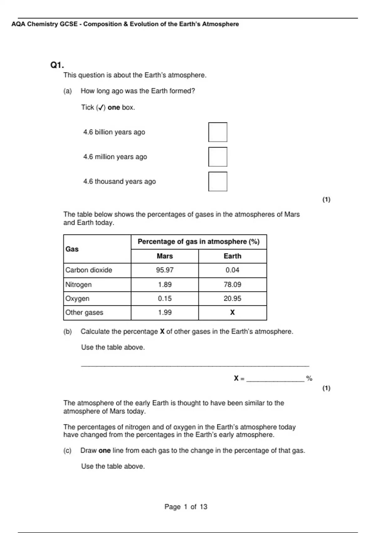 AQA Chemistry Composition _ Evolution of the Earth’s Atmosphere 4 Exam ...