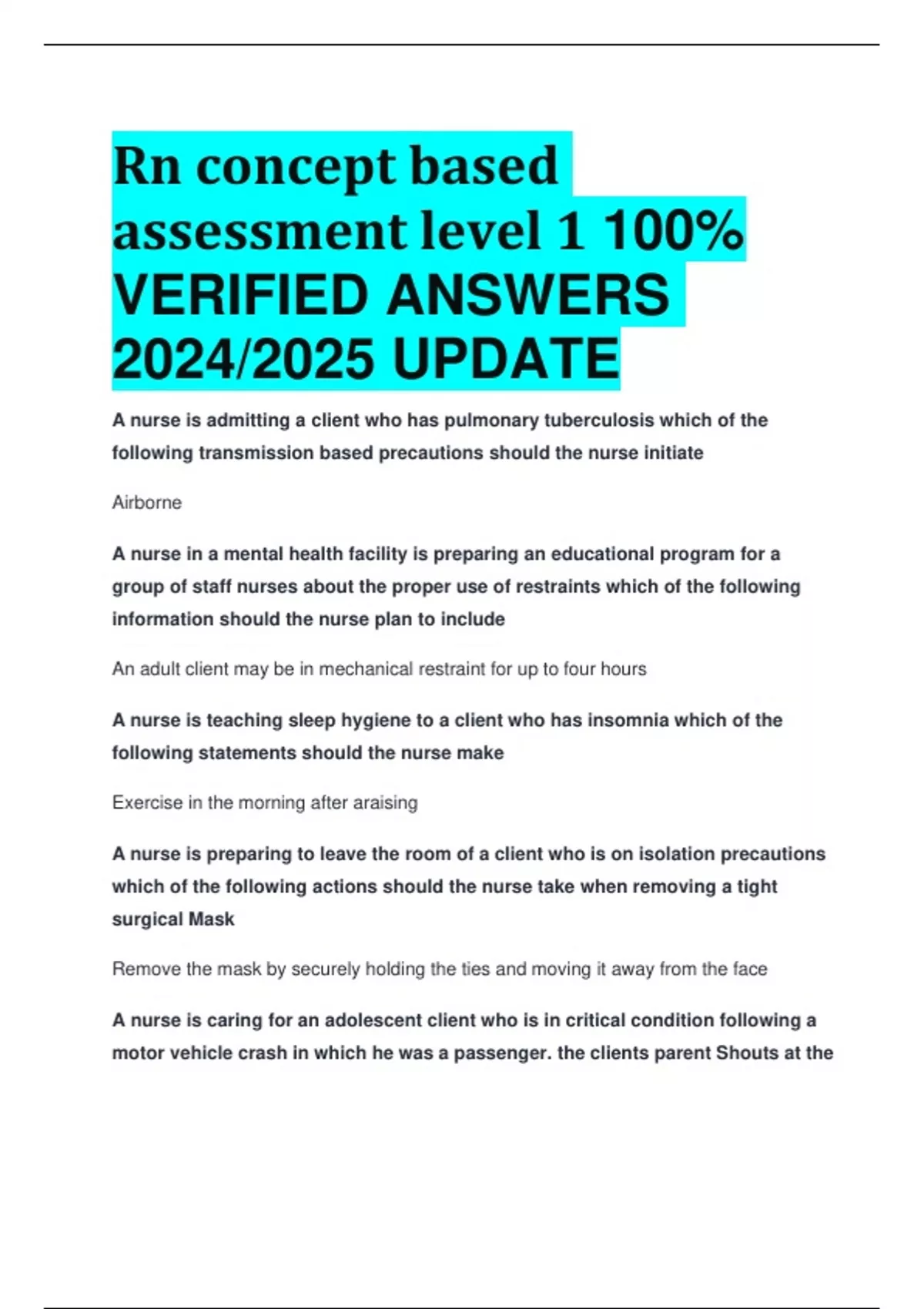 Rn Concept Based Assessment Level 1 100% VERIFIED ANSWERS 2024/2025 ...