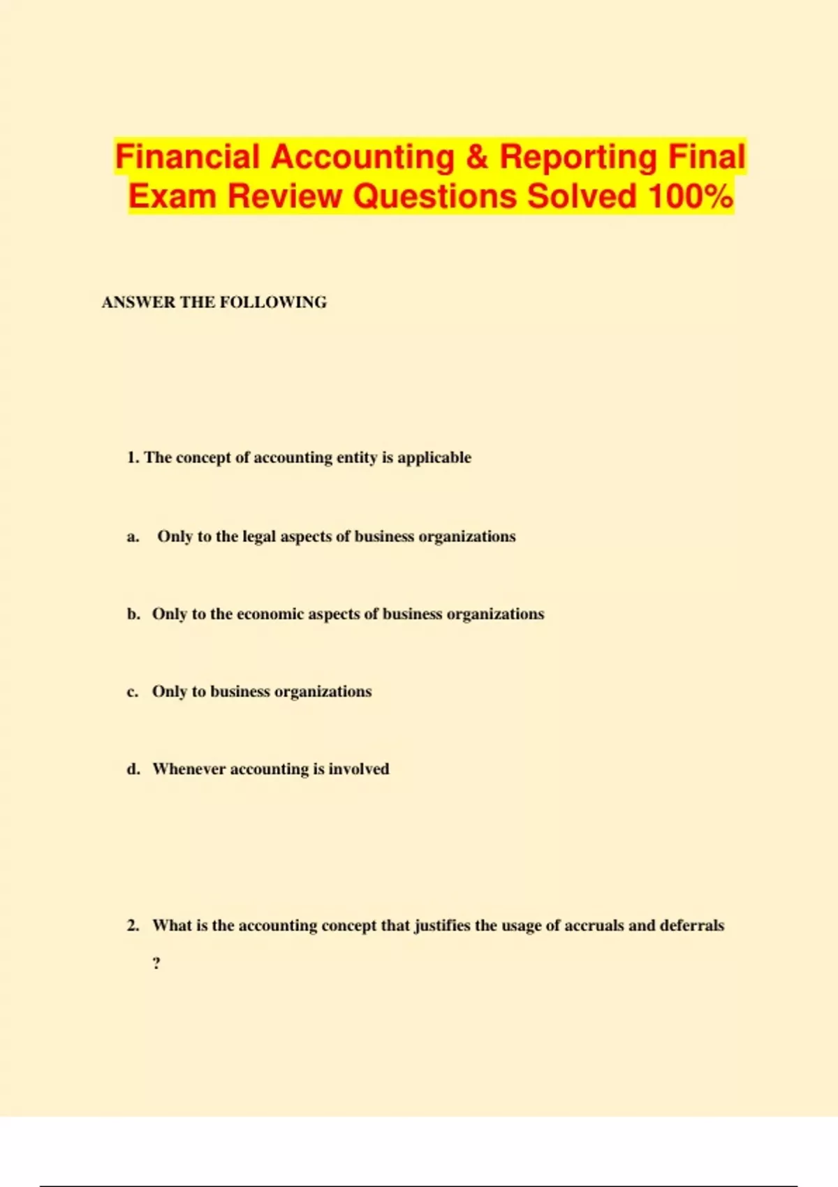 Financial Accounting & Reporting Final Exam Review Questions Solved 100 ...