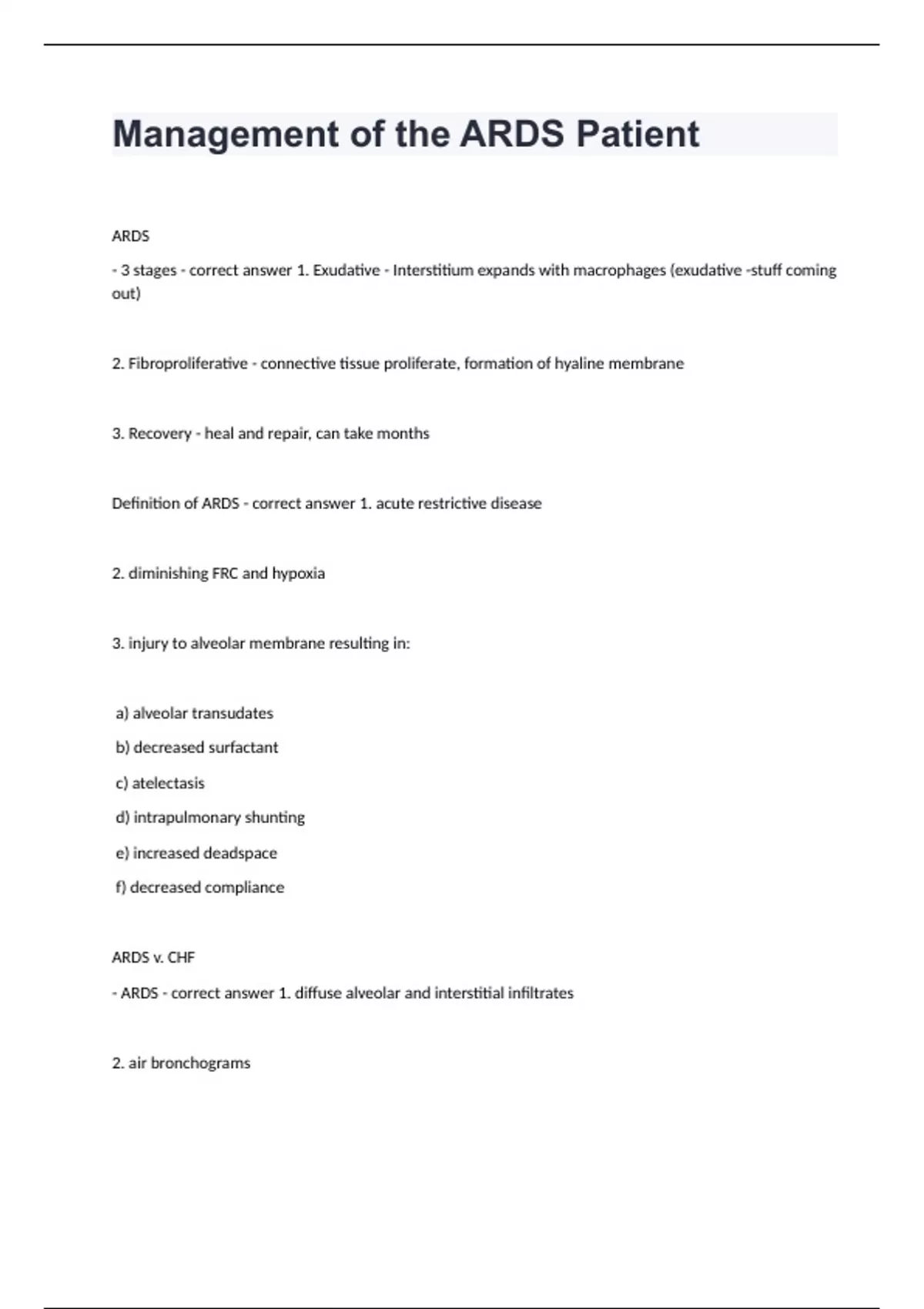 Management of the ARDS Patient questions with answers 2024 ARDS nclex