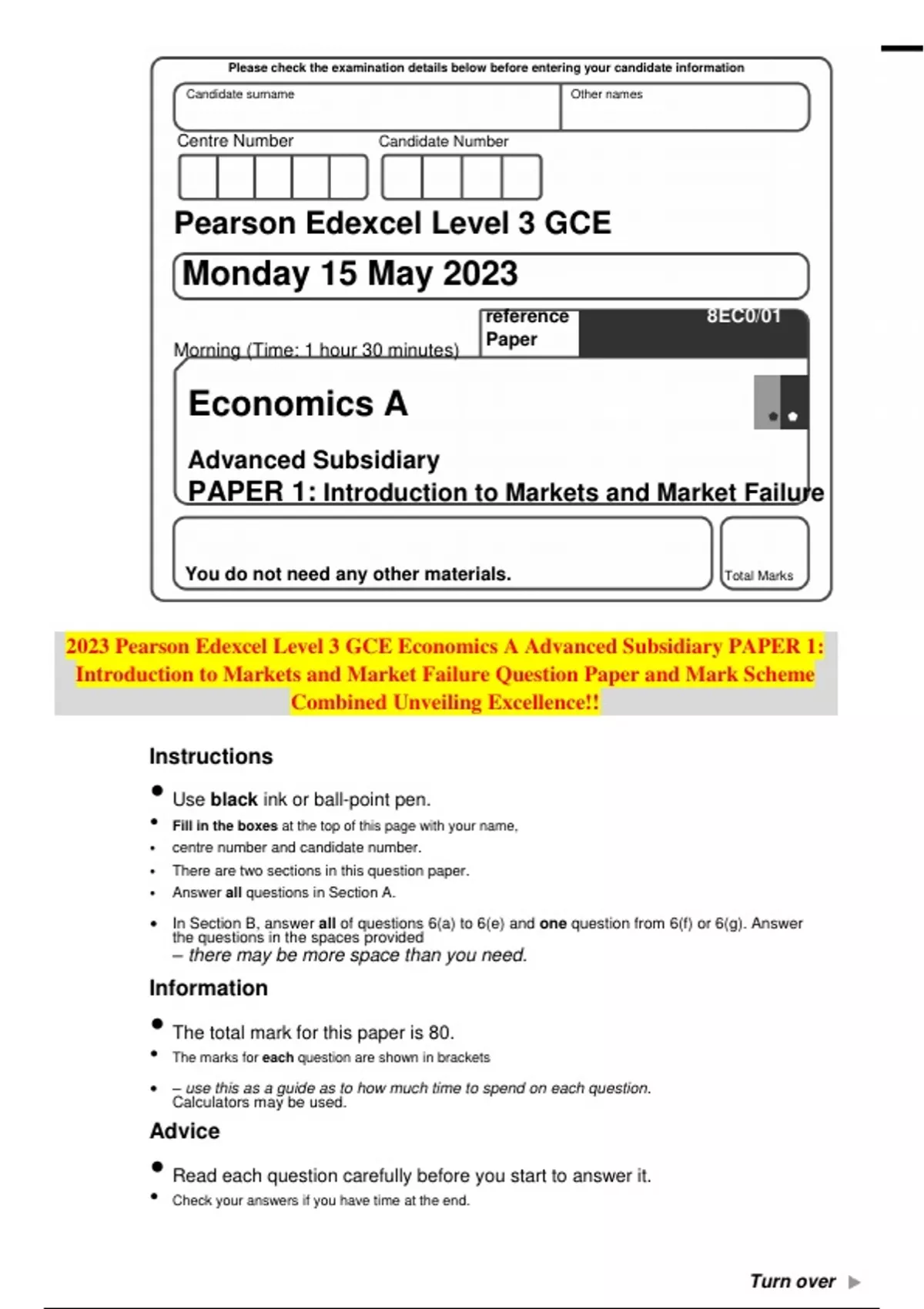 2023 Pearson Edexcel Level 3 GCE Economics A Advanced Subsidiary PAPER ...