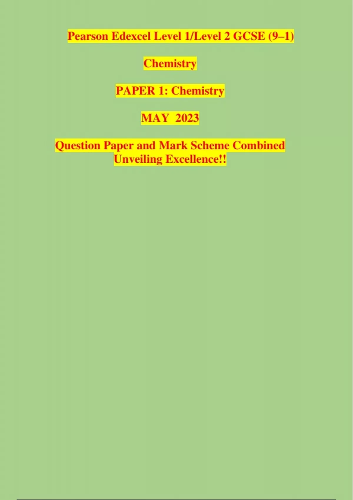 Pearson Edexcel Level 1level 2 Gcse 91 Chemistry Paper 1 Chemistry May 2023 Question Paper 1677