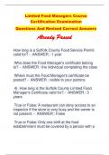 Limited Food Managers Course  Certification Examination Questions And Revised Correct Answers   Already Passed 