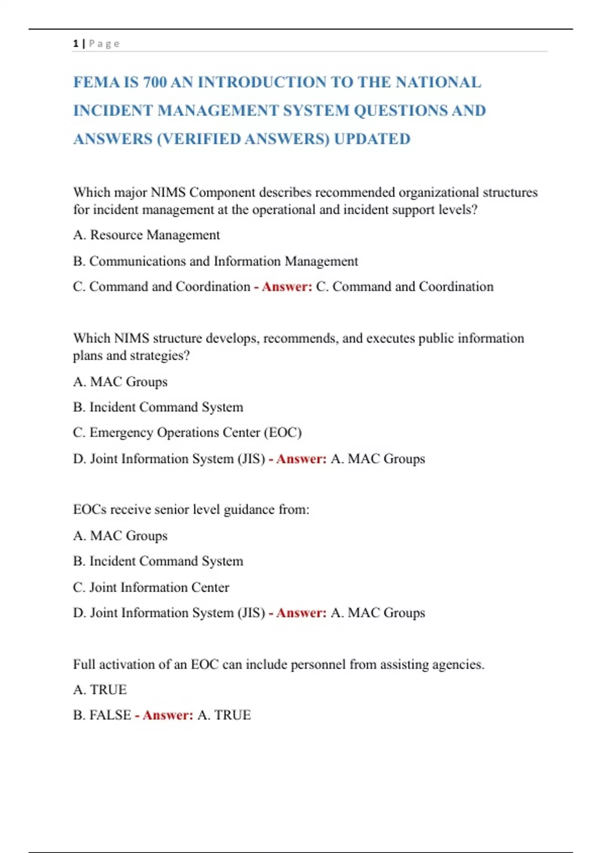 Fema Is 700 An Introduction To The National Incident Management System 