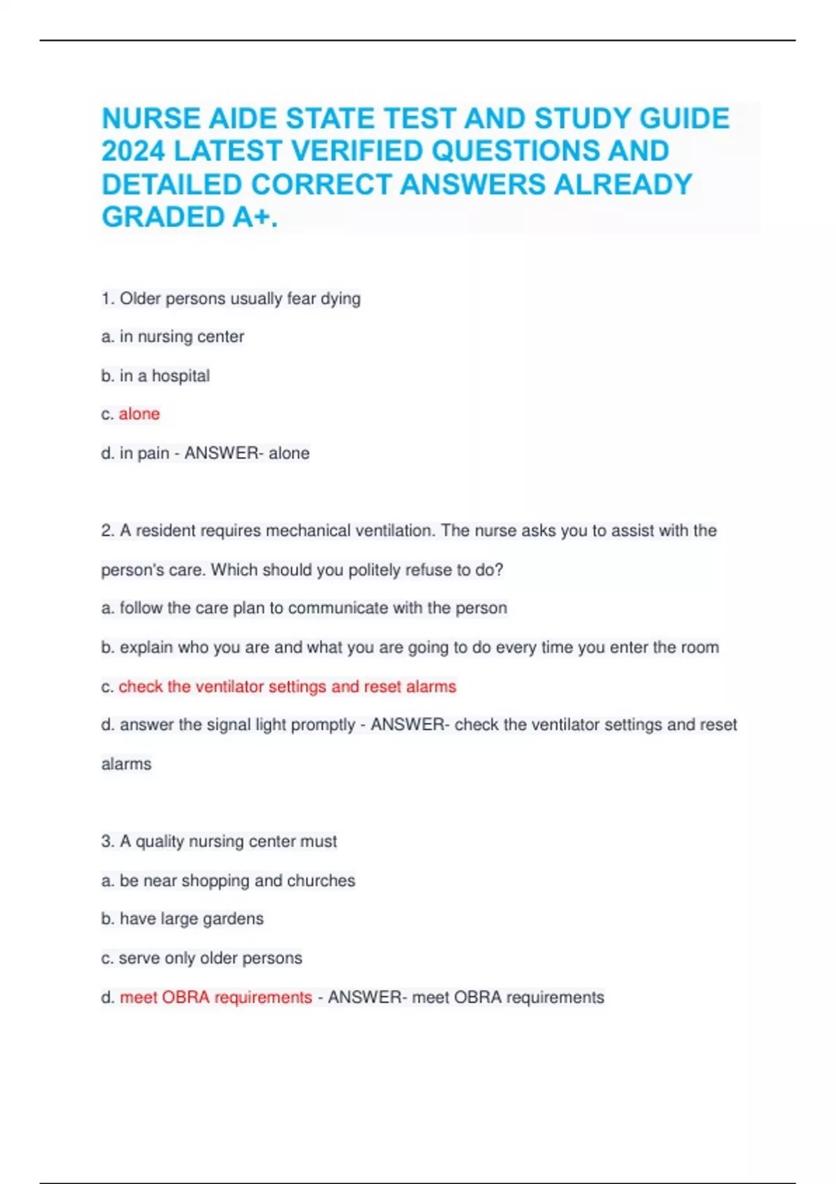 NURSE AIDE STATE TEST AND STUDY GUIDE 2024 LATEST VERIFIED QUESTIONS