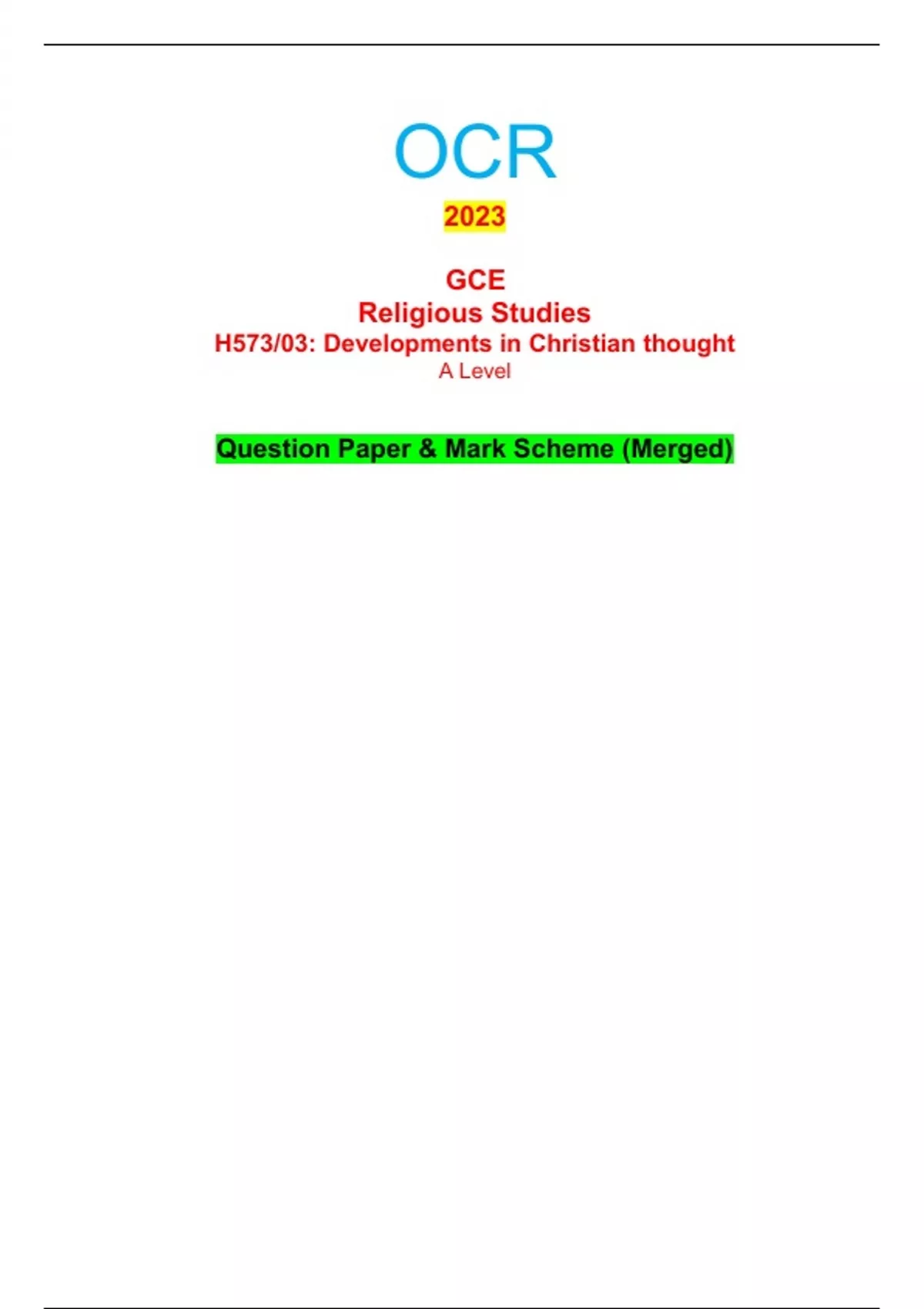 OCR 2023 GCE Religious Studies H573/03: Developments in Christian ...