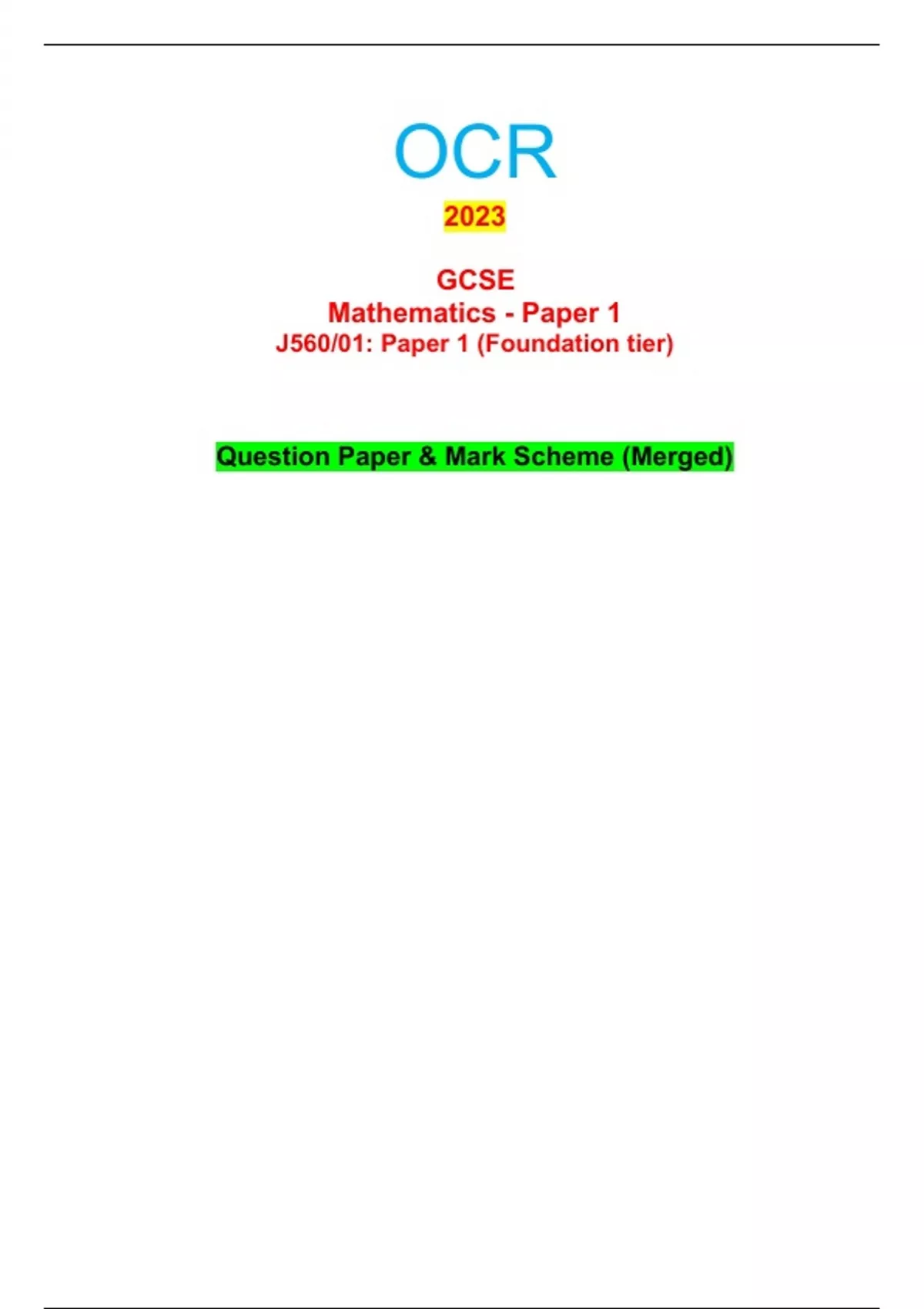 OCR 2023 GCSE Mathematics - Paper 1 J560/01: Paper 1 (Foundation tier ...