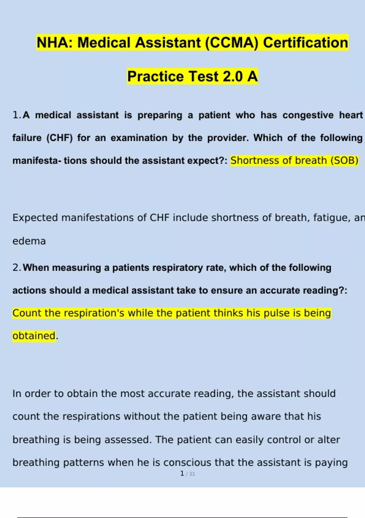 NHA Medical Assistant(CCMA) Certification Practice Test 2.0 A Questions ...