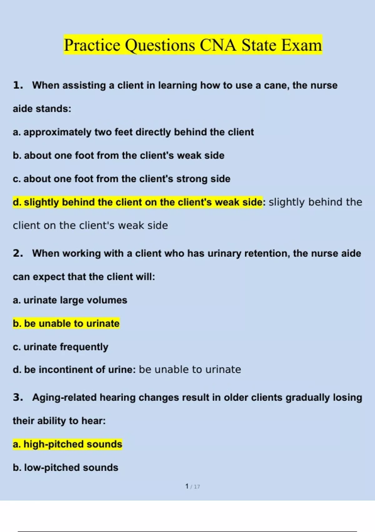 Practice Questions CNA State Exam Complete Solutions updated 2024/2025