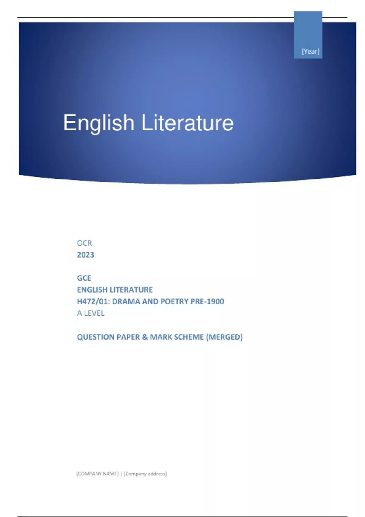 OCR 2023 GCE ENGLISH LITERATURE H472/01: DRAMA AND POETRY PRE-1900 A ...