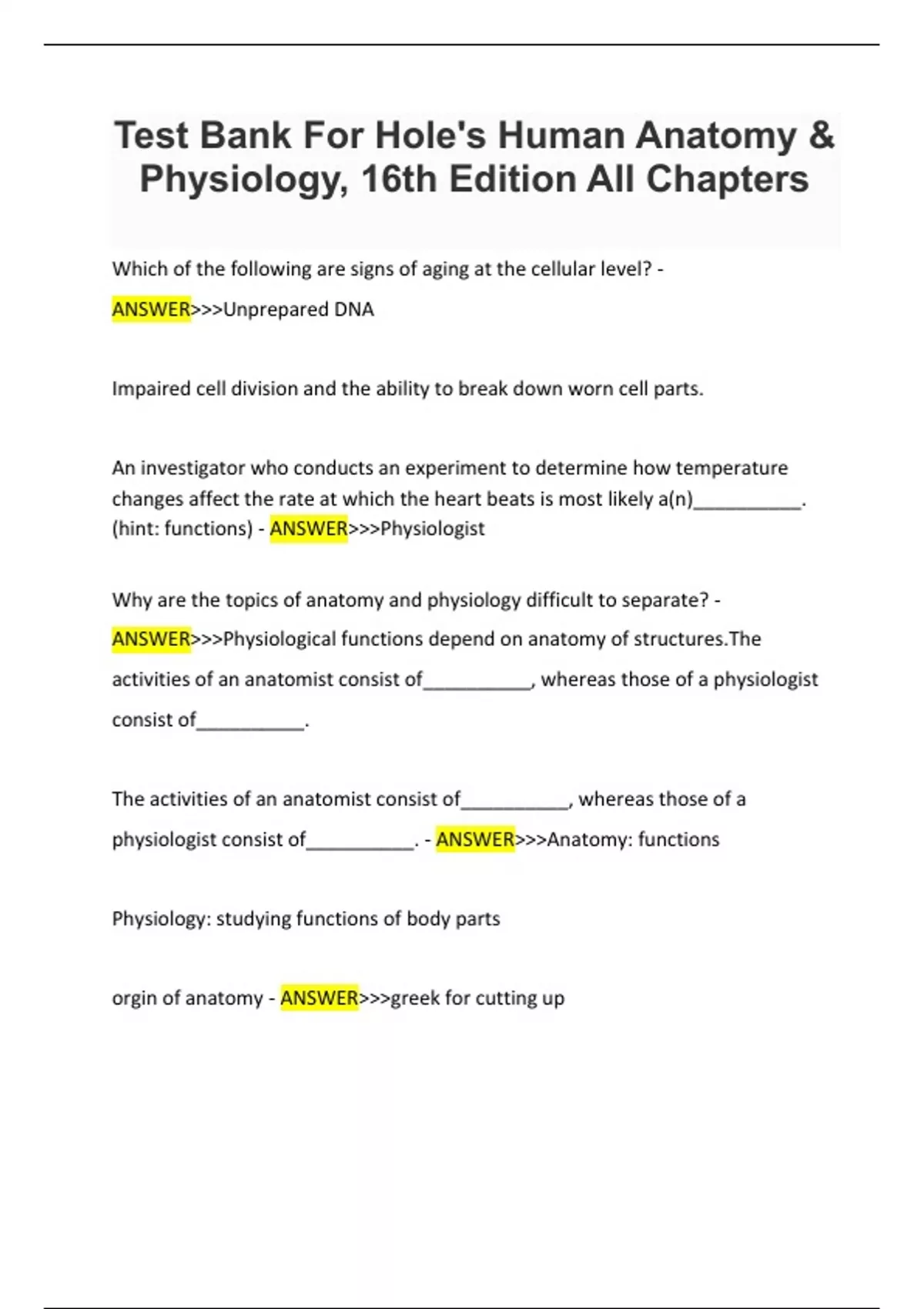 Test Bank For Hole's Human Anatomy & Physiology, 16th Edition All ...